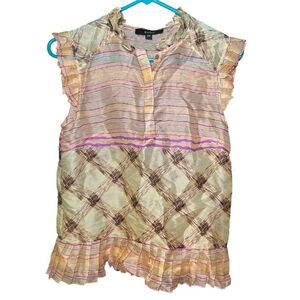 SUNO 100% Silk Button Down Blouse XS Yellow Orange Purple Sheer Abalone Buttons